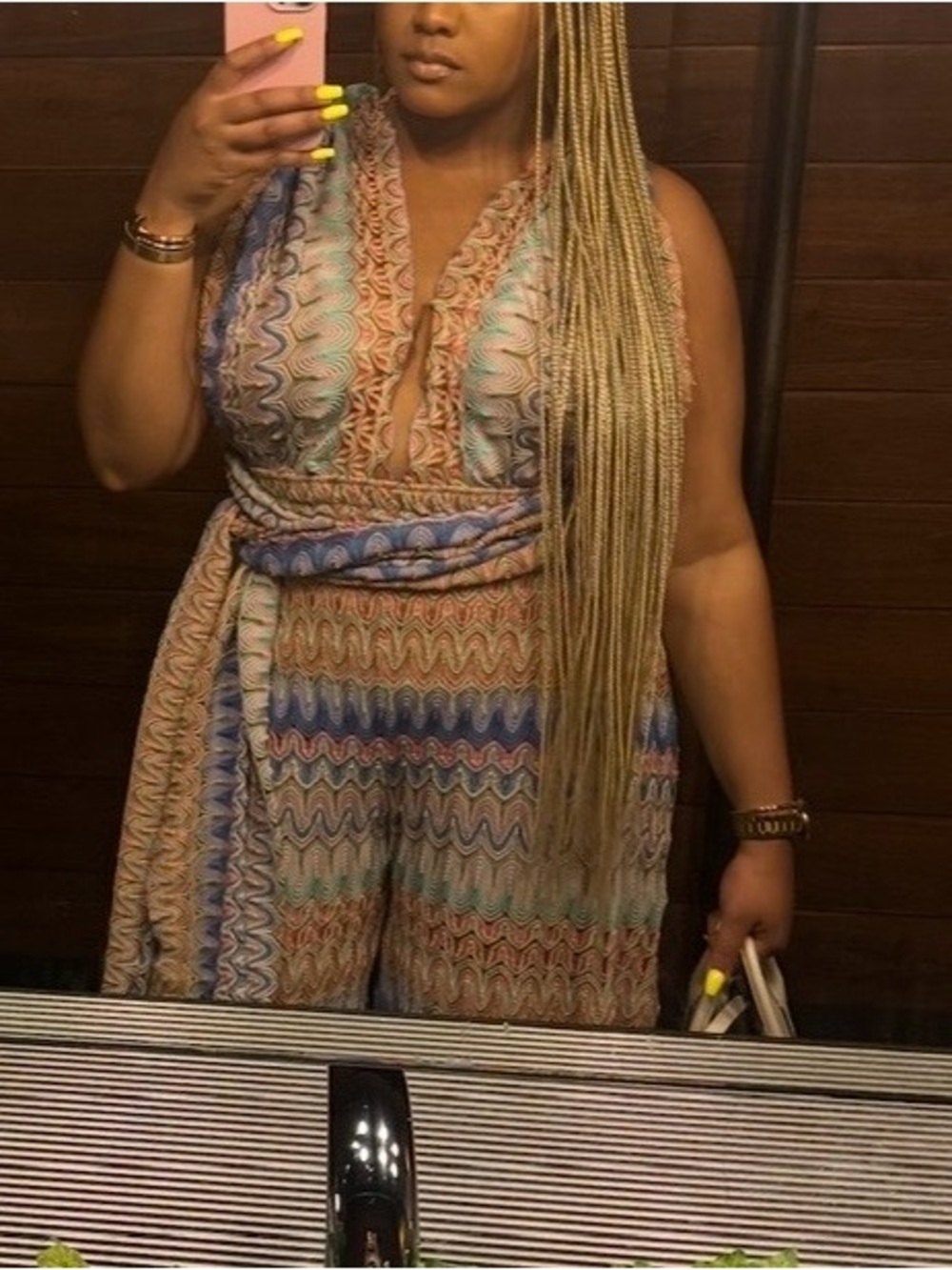 AKIRA Sleeveless Multicolor Patterned V-Neck Jumpsuit